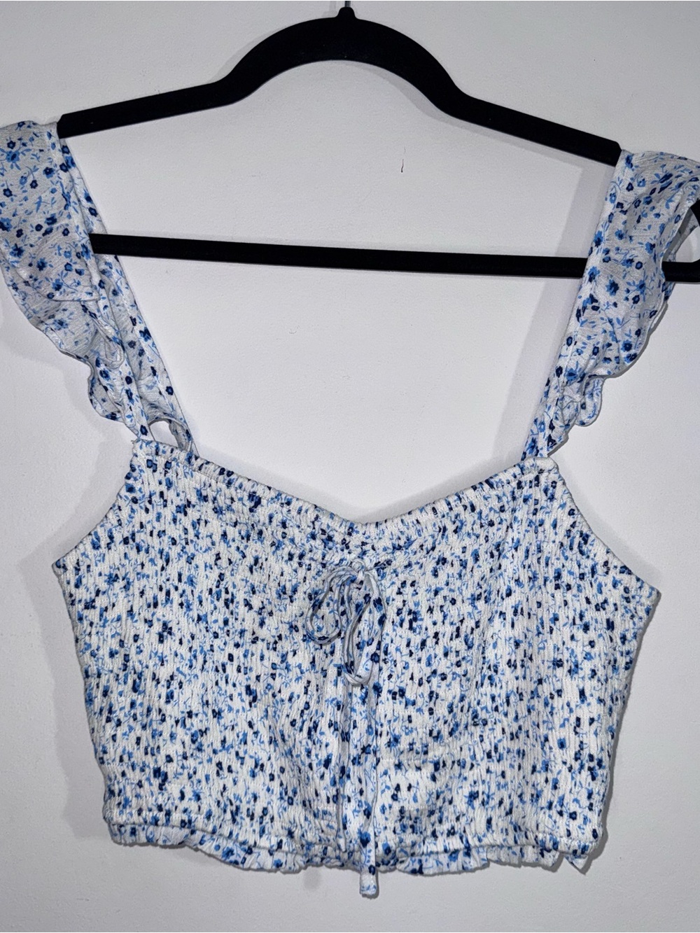 Storia Size M Blue Floral Smocked Crop Top Ruffle Cottagecore Coquette NWT